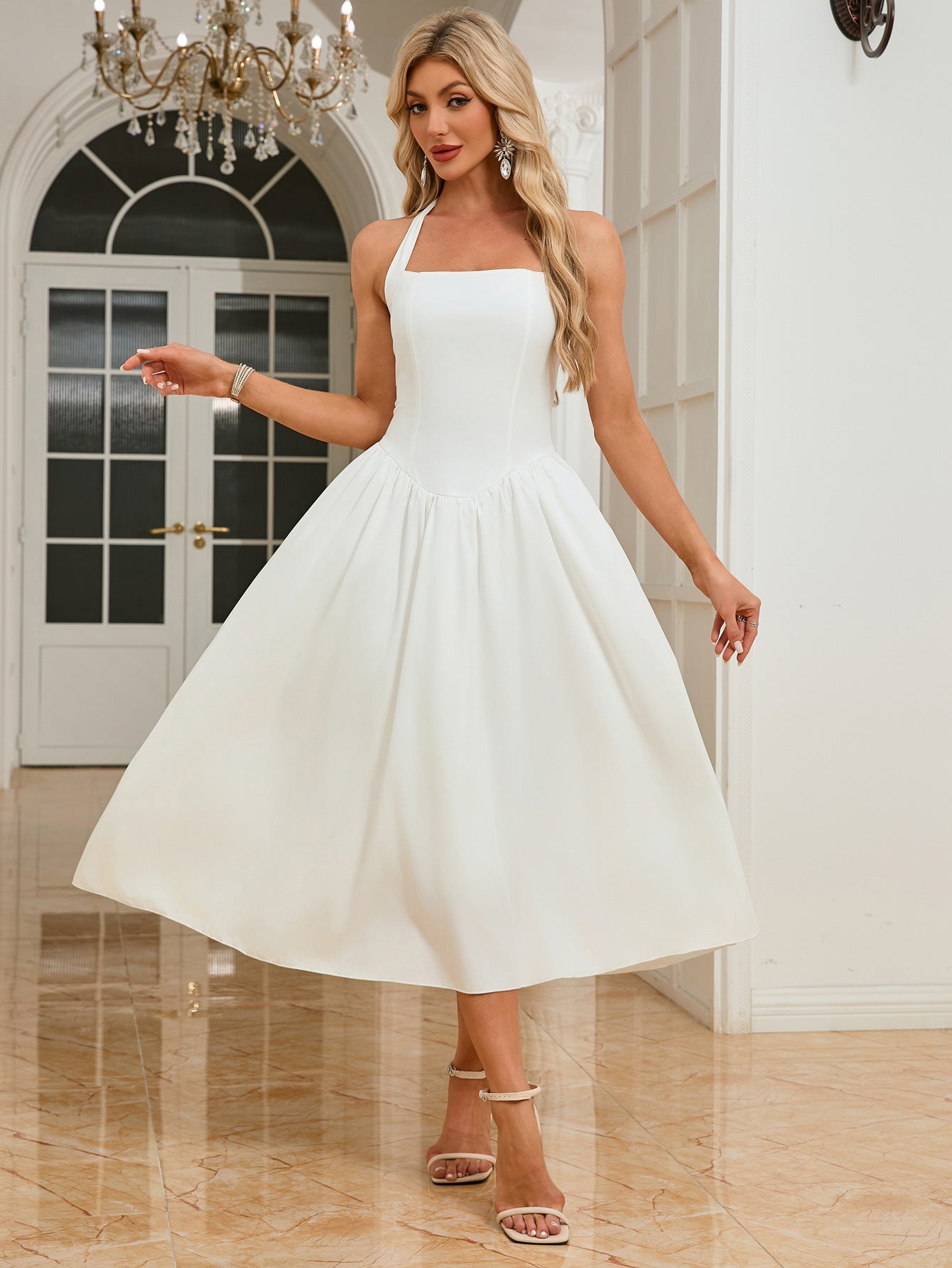 Women’s Sleeveless Halter Backless Midi Dress | Flowy White Summer Dress | noémi