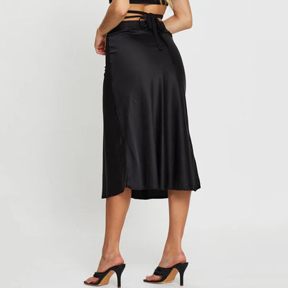 Women's Solid Color Midi Skirt | Navel Exposed Design | Lacing & Zipper Detail | noémi