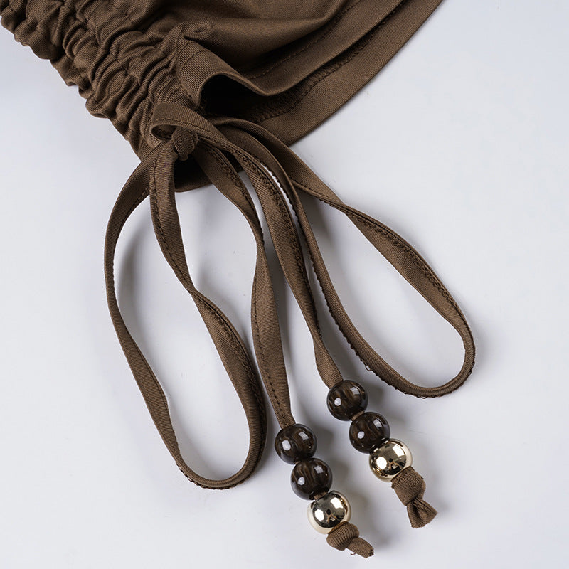 Beaded Halter Mini Dress | Backless Drawstring Bodycon | Chocolate Brown Cutout | noémi