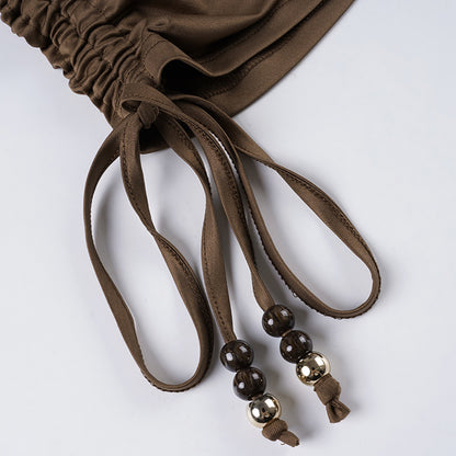 Beaded Halter Mini Dress | Backless Drawstring Bodycon | Chocolate Brown Cutout | noémi