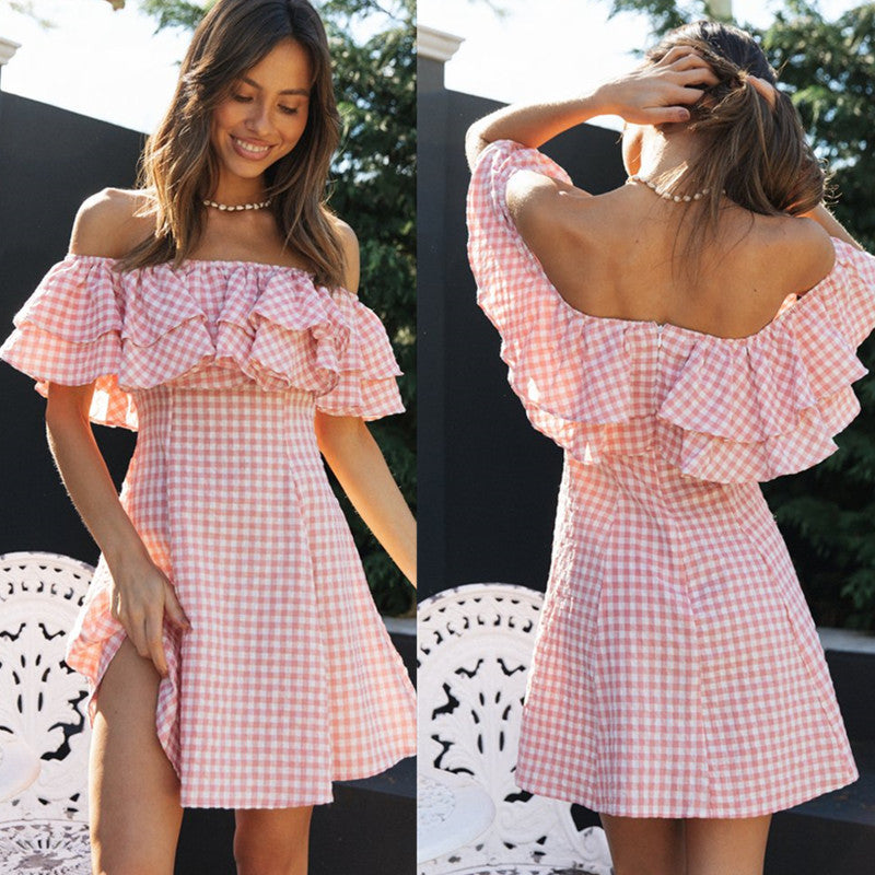 Womens Plaid Off Shoulder Ruffled Dress | noémi
