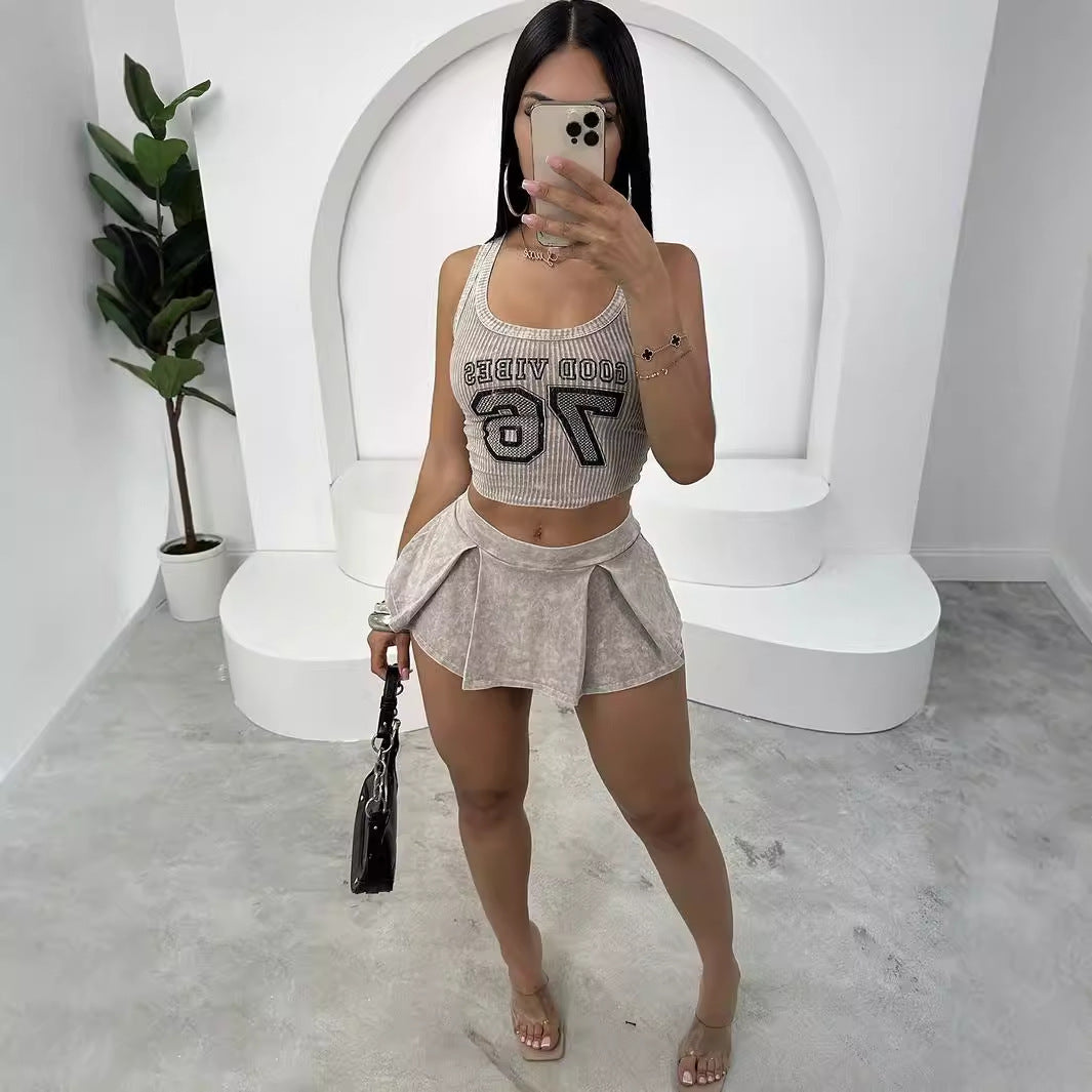 CoOrd Set | Sunken Stripe Crop Vest Top Pleated Mini Skirt | noémi