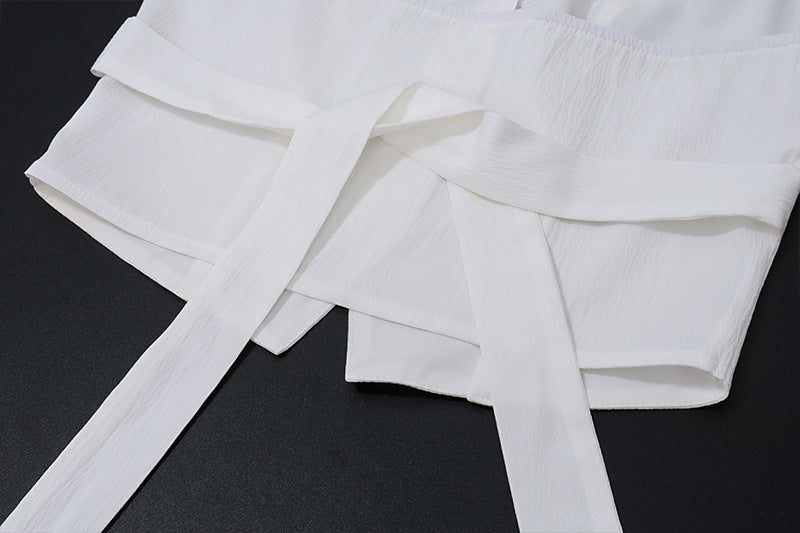 Two Piece White Satin Set | V Neck Halter Crop Top Low Waist Slit Maxi Skirt | noémi