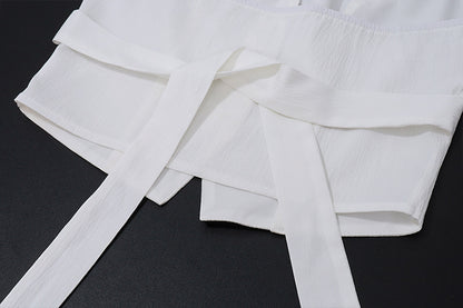 Two Piece White Satin Set | V Neck Halter Crop Top Low Waist Slit Maxi Skirt | noémi