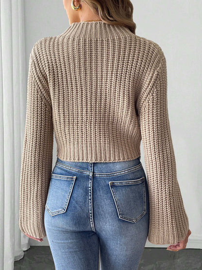 Womens Cropped Knit Sweater with Bow Detail | Flared Sleeves & Half Turtleneck Pullover | noémi