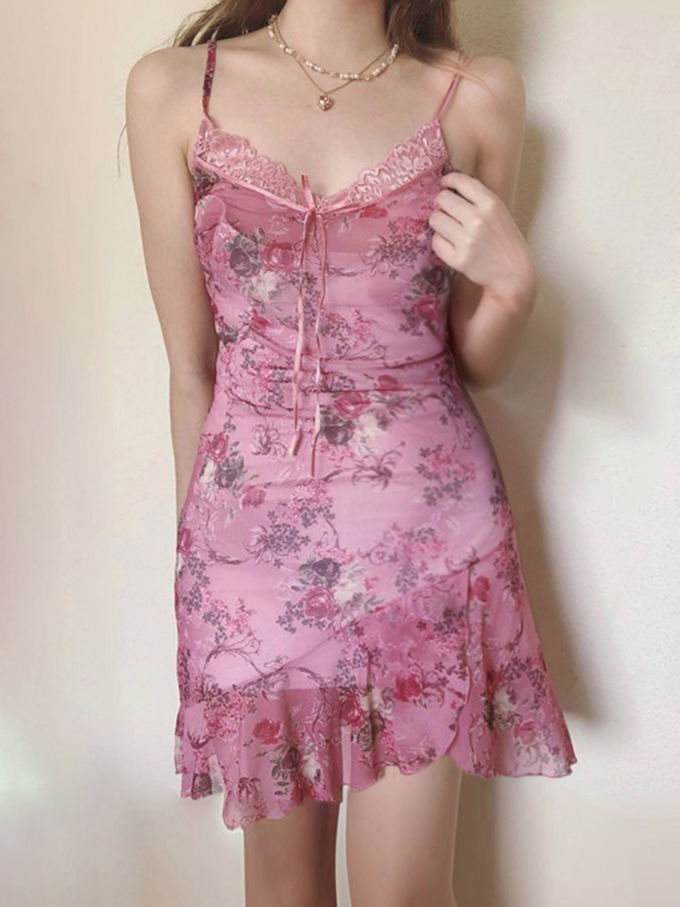 Lace Patchwork Dress | Retro VNeck Sling Dress | Irregular Hem | Floral Print Mini Dress | noémi