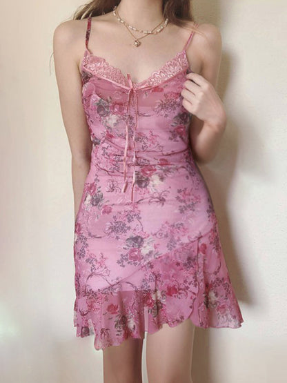 Lace Patchwork Dress | Retro VNeck Sling Dress | Irregular Hem | Floral Print Mini Dress | noémi