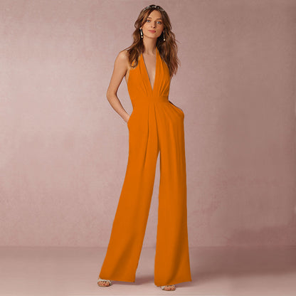 Women's White Halter Wide Leg Jumpsuit with Pockets | noémi