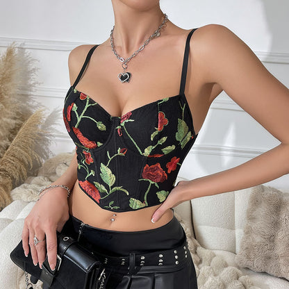 Floral Embroidered Boning Corset Vest with Printed Suspenders for Women | noémi