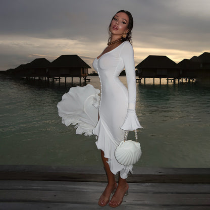 Bell Sleeve Bodycon Dress | Single Breasted Side Slit | noémi