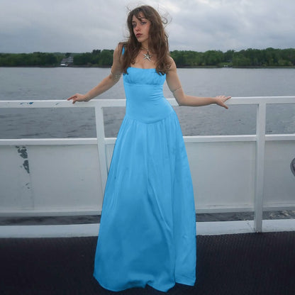 Womens Off Shoulder Pleated High Waist Slim Fit Sling Dress | Maxi Dress | noémi