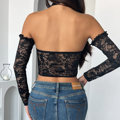 Black Lace Boned Corset Top | Halter Neck, Sheer Sleeves, Backless, Slim Fit | noémi