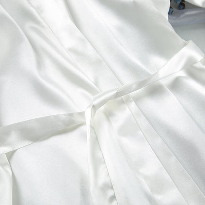 White Satin Feather Trim Robe | Bridal Lounge Robe, Belted Kimono Style | noémi