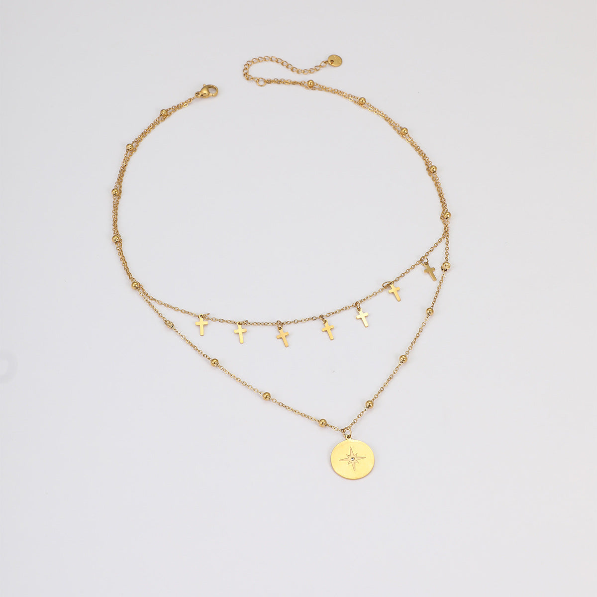 Retro Double Layer Cross & Star Pendant Necklace | Stainless Steel, Gold & Silver | noémi