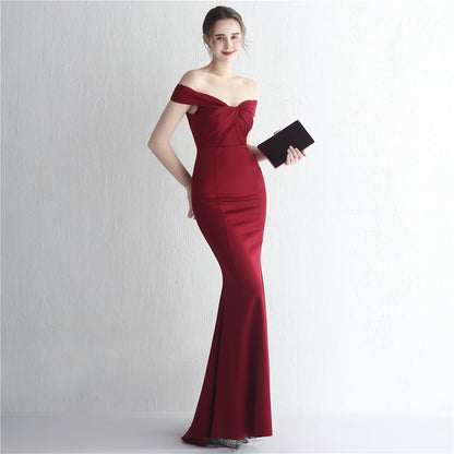 Satin Slim Off Shoulder Fishtail Gown | noémi