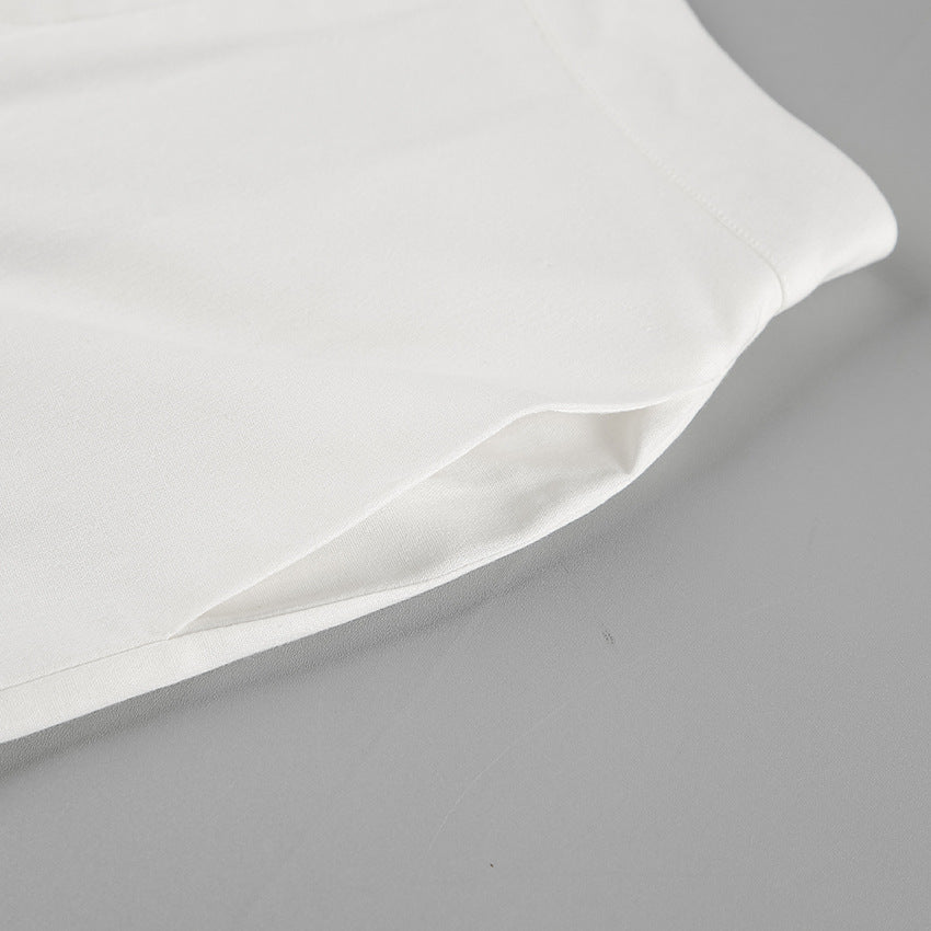 White Cotton Linen TwoPiece Set | Sleeveless Stand Collar Top & Long Slit Skirt | noémi