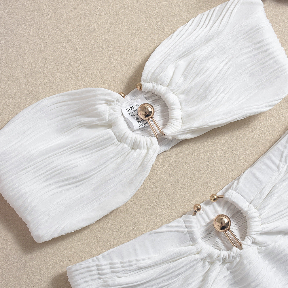 Striped Two Piece Set | Backless Cropped Top Wrapped Mini Skirt with Metal Accent | noémi