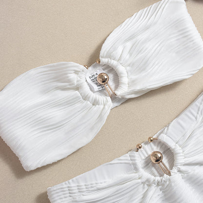 Striped Two Piece Set | Backless Cropped Top Wrapped Mini Skirt with Metal Accent | noémi