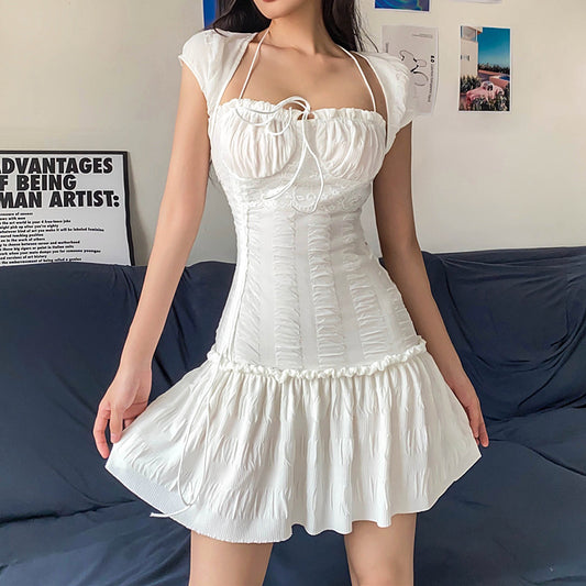 White Corset Mini Dress | Vintage Ruched Bust, Pleated Hem & Lace Up Back | noémi
