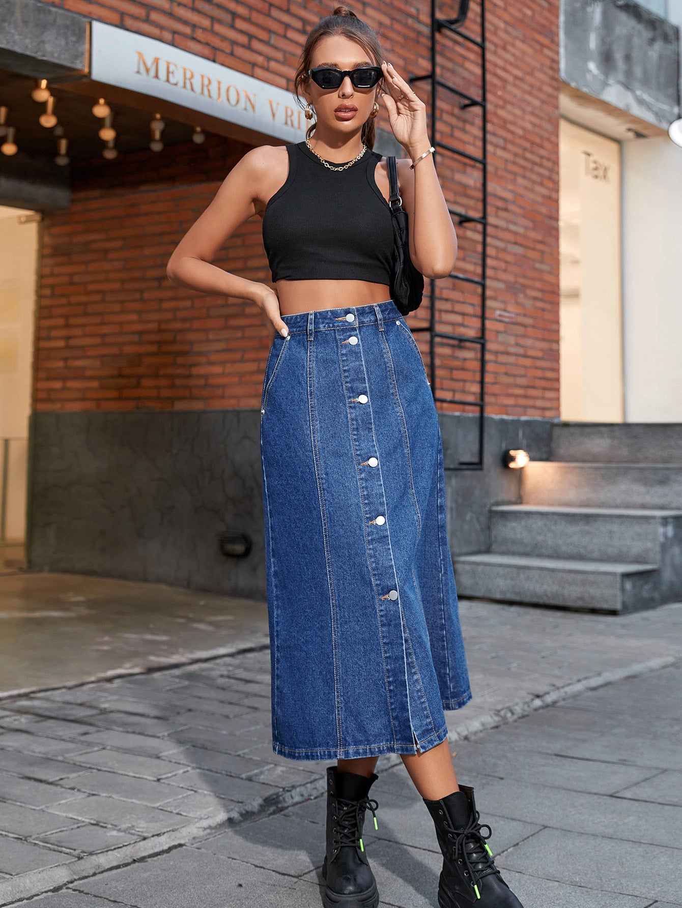 Women’s High Waist Button Denim Skirt with Front Split | noémi