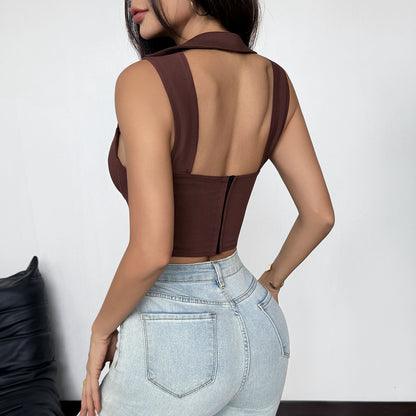 Steel Boning Corset Top | Backless Scissors Collar & Tight Fit Vest | noémi