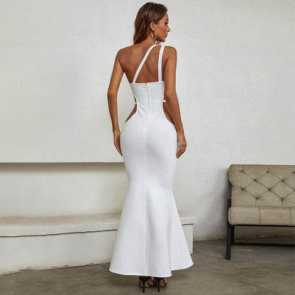 White One Shoulder Cutout Dress with Side Slit | Long Fitted Design for Women | noémi