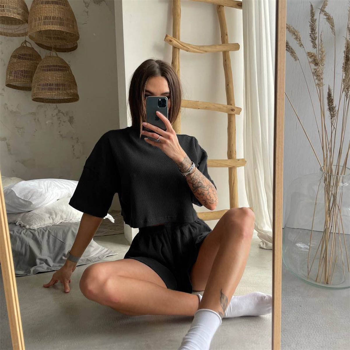 Waffle Knit Two Piece Set | Womens Short Sleeve T Shirt Shorts | noémi