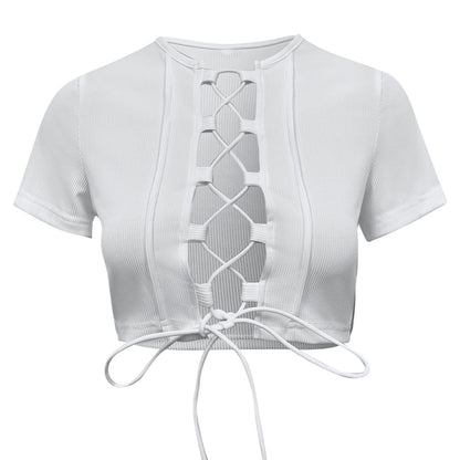 Slim Fit Cutout Patchwork Rope Strap Short Sleeve T Shirt | noémi