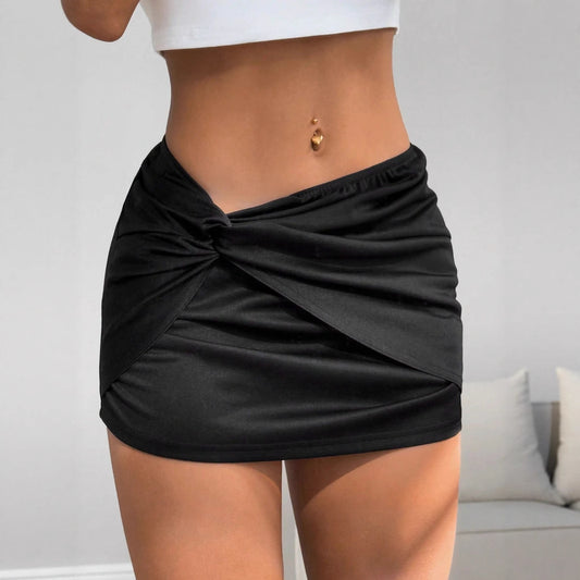 Black Twist Front Mini Skirt | Ruched Low Rise Bodycon Skirt with Drape Detail | noémi