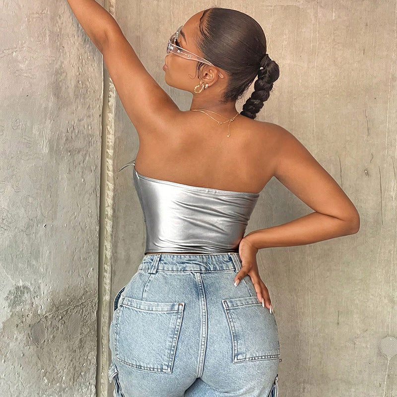 Metallic Faux Leather Corset Top | Silver ZipUp Boned Tube Top with Off Shoulder Detail | noémi