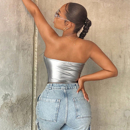 Metallic Faux Leather Corset Top | Silver ZipUp Boned Tube Top with Off Shoulder Detail | noémi