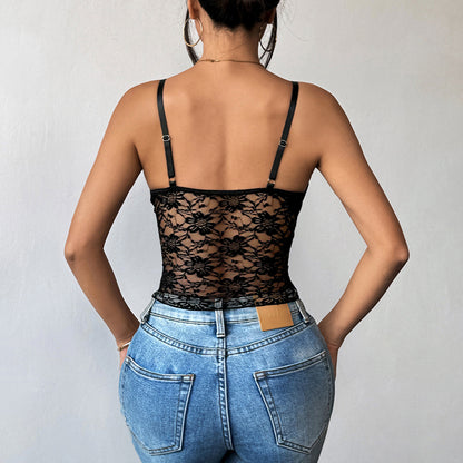 Lace Bustier Top for Women | Double Layer Shaped Strap | Deep V Neck Backless Slim Fit | noémi