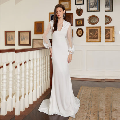 Slim Fit V Neck Dress | Long Sleeve Small Train | Cocktail Gown | noémi