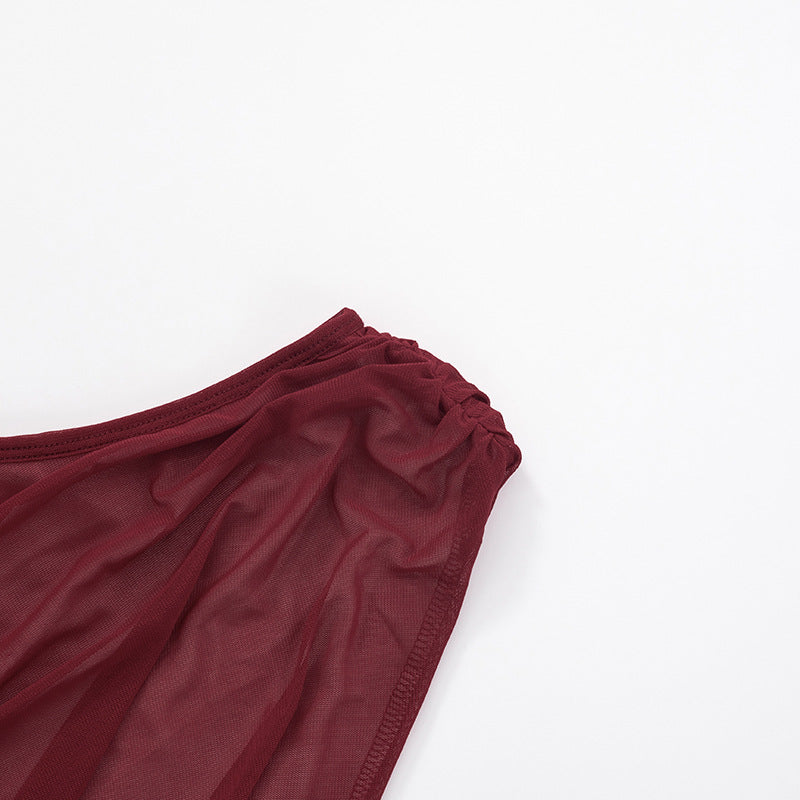 Womens One Shoulder Mesh Pleated Crop Top | Ruched Bodycon Fit, Cinched Waist | noémi