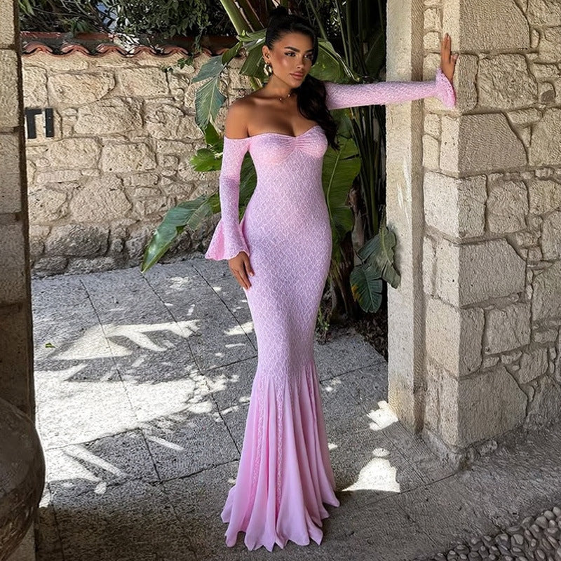 Off Shoulder Pink Lace Gown | Mermaid Maxi Dress | noémi