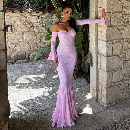 Off Shoulder Pink Lace Gown | Mermaid Maxi Dress | noémi