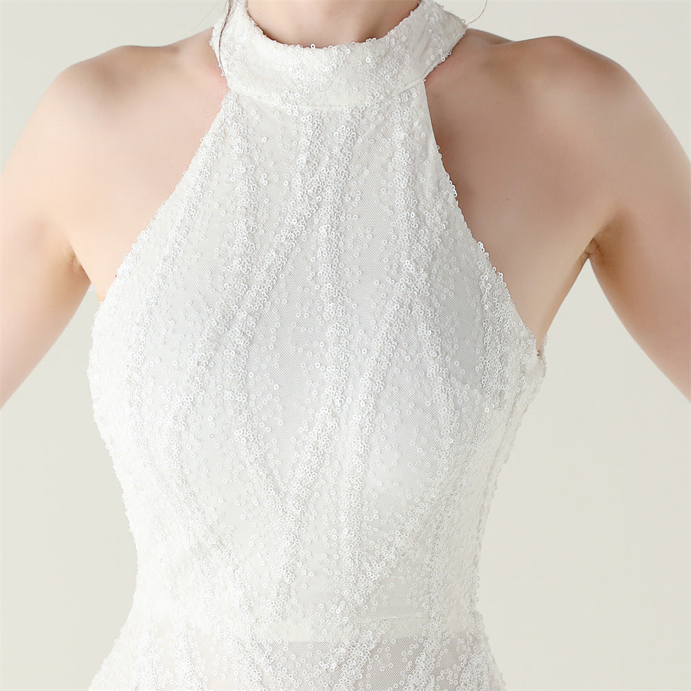 Womens Beaded Sequin Mesh Dress | Strapless Fishtail Maxi Dress | noémi