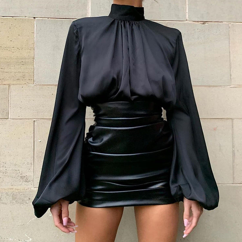 Women's Faux Leather Ruched Mini Skirt | High Waisted, Shiny Black Bodycon | noémi