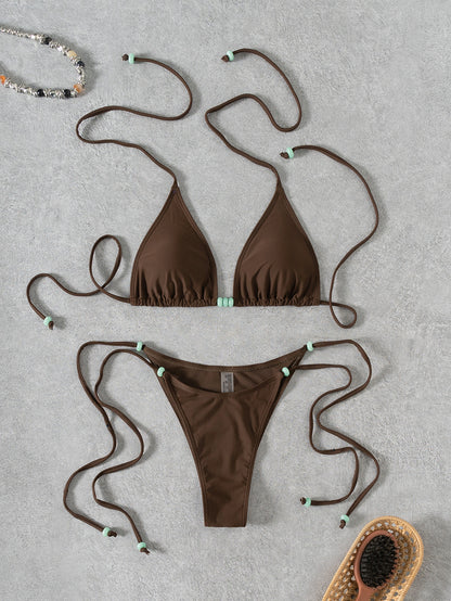 Solid Color Beaded Lace Up Split Bikini Swimsuit for Women | noémi