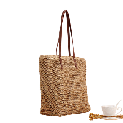 Brown Straw Woven Shoulder Bag – Pure Color Minimalist Tote for Daily Commute | noémi