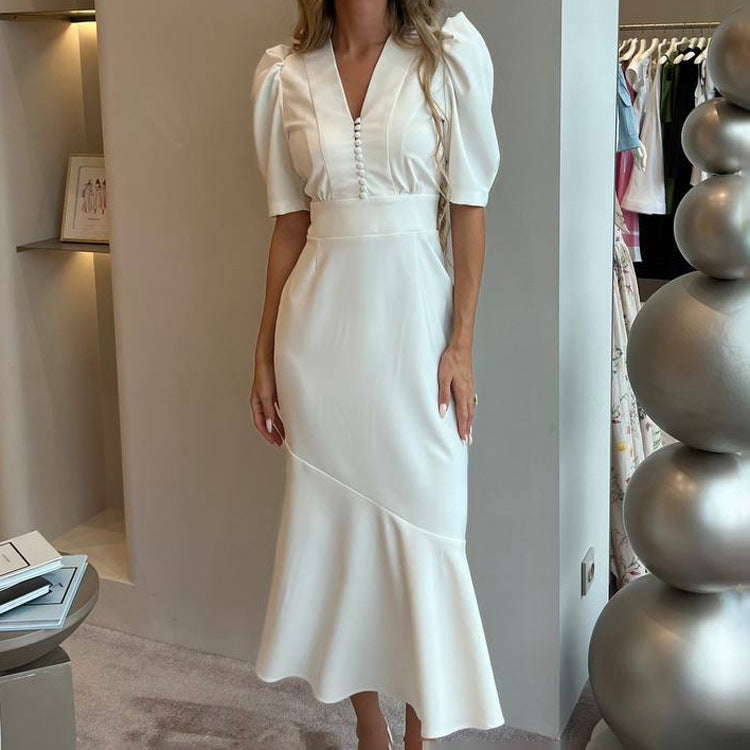Puff Sleeve Midi Dress | White Fit & Flare with VNeck | noémi