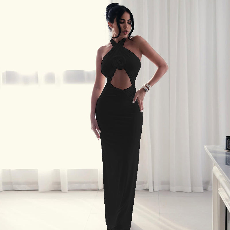 Womens Backless Cross Halter Midi Dress with Side Slit Pleated Detail | noémi