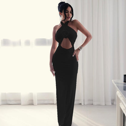 Womens Backless Cross Halter Midi Dress with Side Slit Pleated Detail | noémi