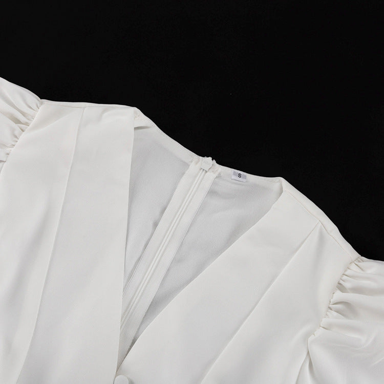 Puff Sleeve Midi Dress | White Fit & Flare with VNeck | noémi