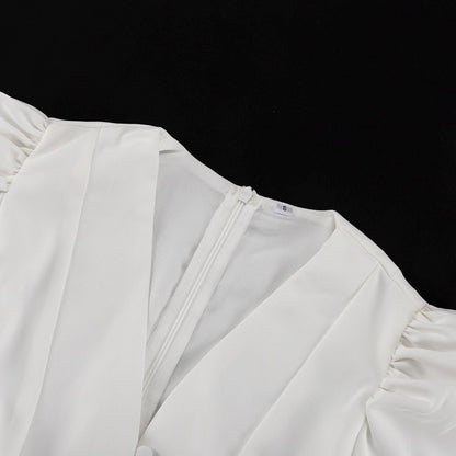 Puff Sleeve Midi Dress | White Fit & Flare with VNeck | noémi