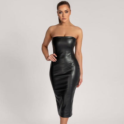Faux Leather Midi Dress | Slim Fit Tube Top with Back Slit | noémi