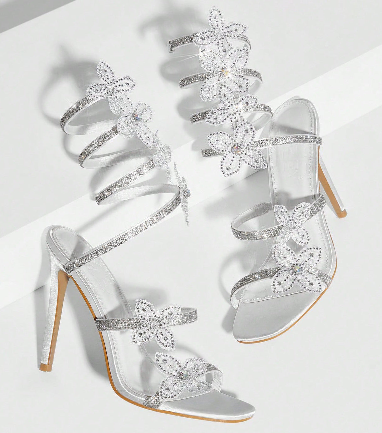 Rhinestone Floral Lace Up Heels | 11cm Stiletto | White & Pink Square Toe Sandals for Women | noémi