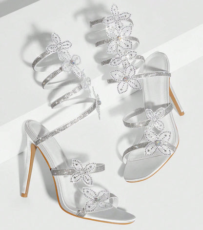 Rhinestone Floral Lace Up Heels | 11cm Stiletto | White & Pink Square Toe Sandals for Women | noémi