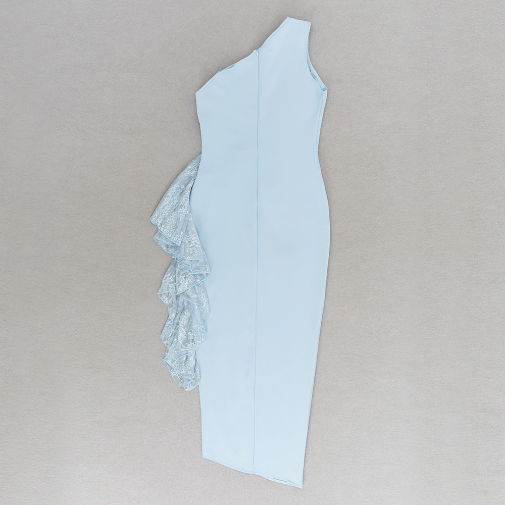 One Shoulder Sleeveless Dress with Side Slit and Lace Stitch Detail | noémi