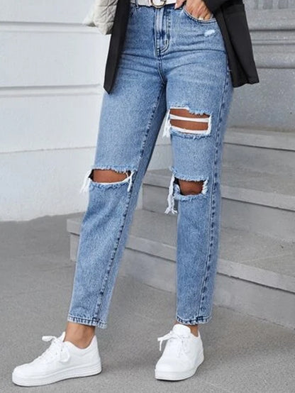 High Waisted Straight Leg Jeans | Light Wash Distressed Denim with Knee Cutouts & Vintage Fit | noémi